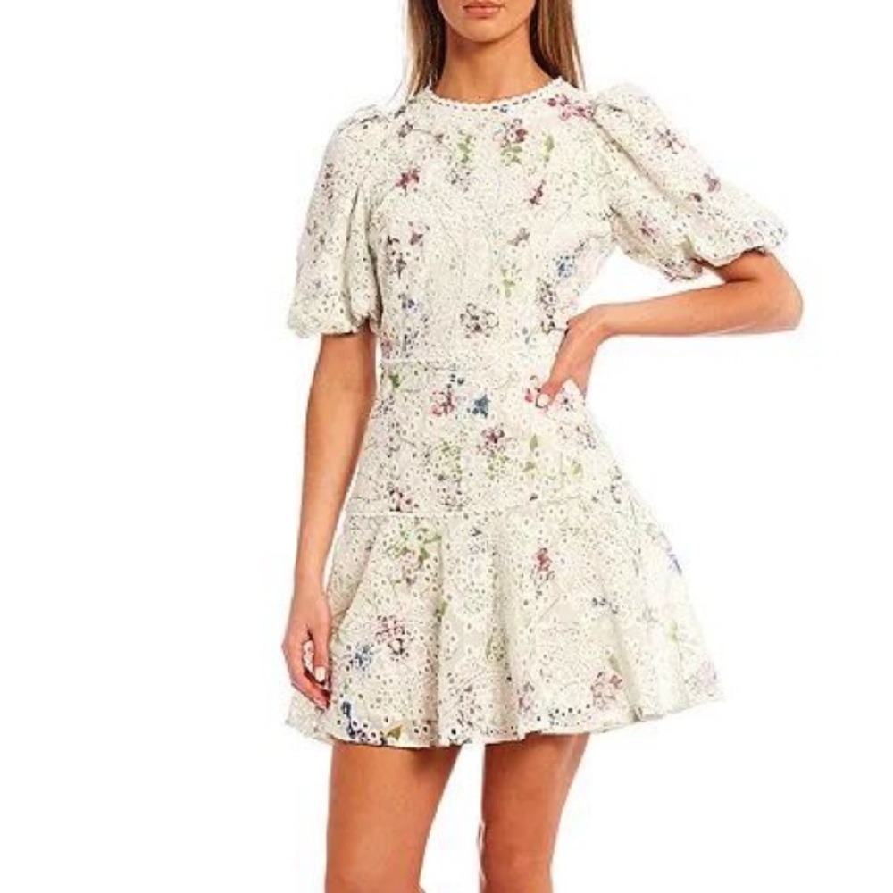Gianni Bini Luna floral crew neck short puff sleeve eyelet fit and flare dress
